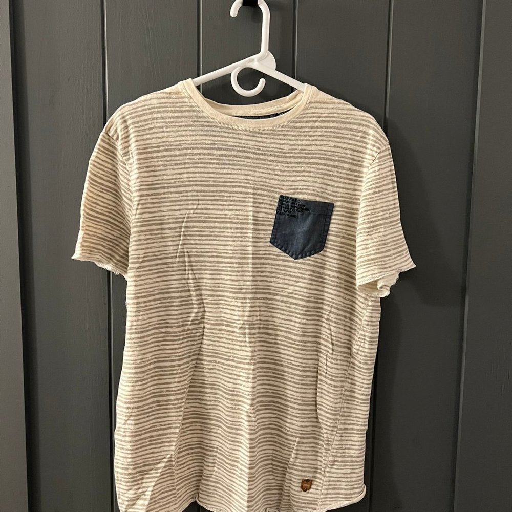 Buffalo David Bitton T-shirt Beige Taupe Stripes Men's Medium